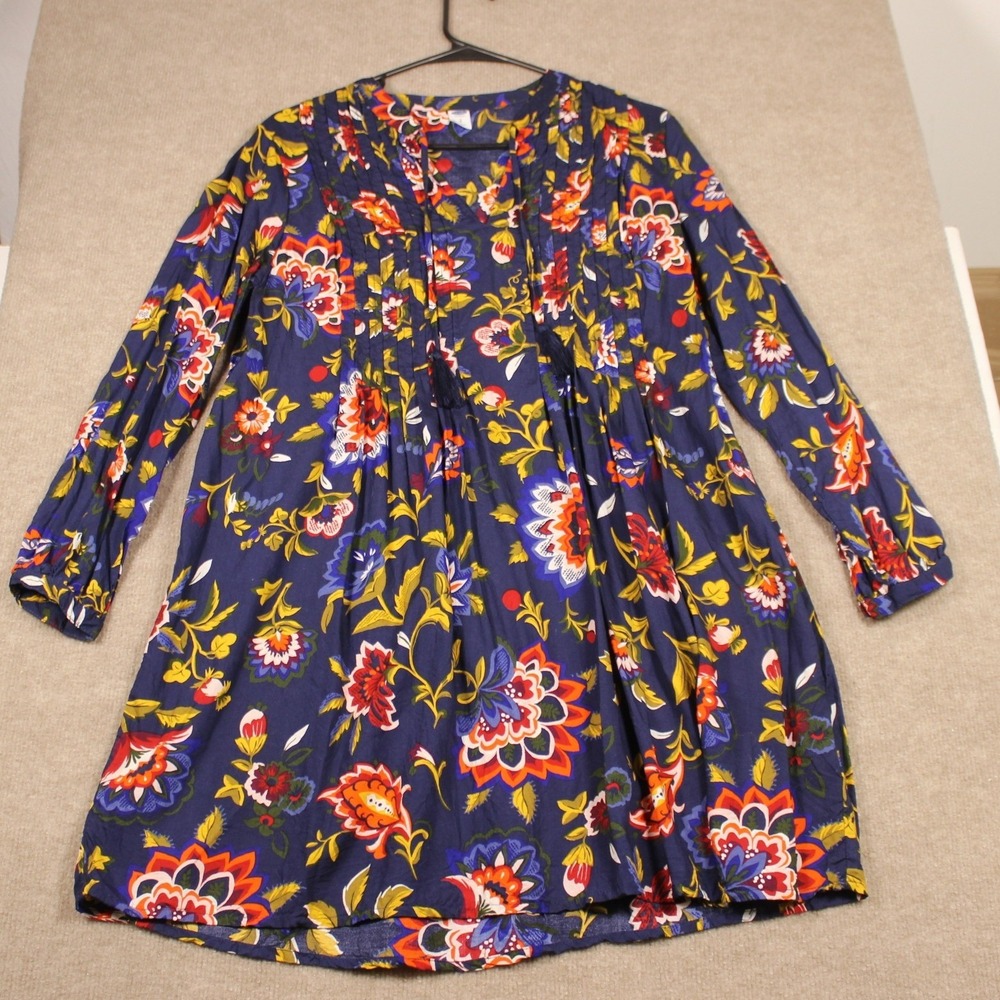 Old Navy Navy Blue Floral Pintuck Tassel Mini Dress Small Boho Long Sleeve